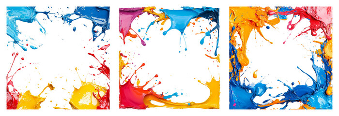 Obraz premium Colorful splash frames set isolated on transparent background with vibrant paint splashes dynamic and artistic