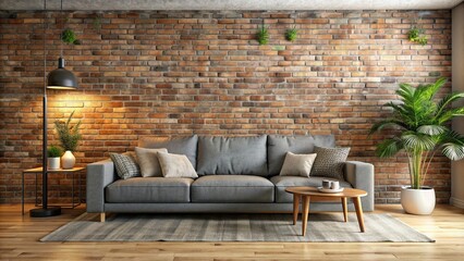 Modern interior living room with brick wall and large grey sofa with pillows, modern, interior, living room, brick wall