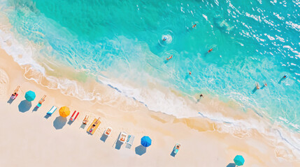 Fototapeta premium Tropical Summer Paradise: Family Relaxing on Turquoise Blue Ocean Shore with Golden Sand and Sunlit Waves