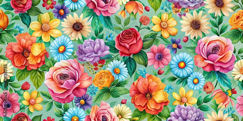 Wall mural Colorful seamless flower pattern with a gouache painting texture, floral, vibrant, colorful, seamless, repeating