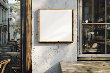 Empty square signboard with a wooden frame mounted on a rustic exterior wall of a cafe, capturing a vintage street view.