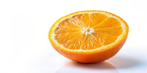 Fototapeta premium Freshly sliced orange on a white background, orange, fruit, healthy, citrus, vitamin C, juicy, refreshing, slice, cut, summer