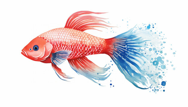 Colorful tropical siamese fighting betta fish with bubbles multicolor watercolor painting art with red and blue flowing brush strokes paint and ink on white background. 