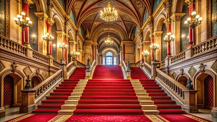 Fototapeta premium Luxurious red carpet stairs in a historic building in Budapest, Hungary , grand, elegant, opulent, lavish, ornate