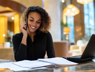 Happy receptionist talking on phone while going through paperwork at hotel front desk.