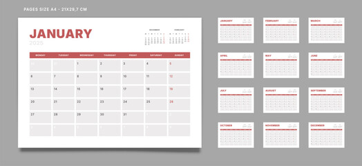 Set of 12 Pages Monthly Calendar Planner Templates on 2025 year. Vector mockup of a wall or desktop calendar with the week start on Monday for print. Pages size A4 -21x29.7cm