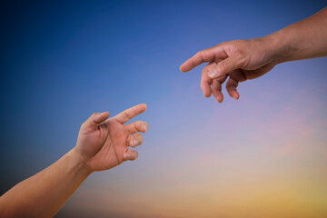 Close up help hand. Helping hand concept, support. Helping hand outstretched, isolated arm, salvation.