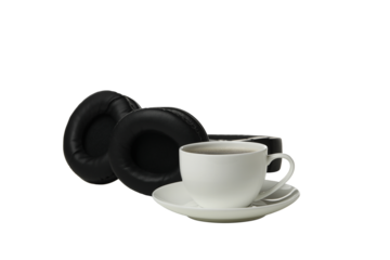 PNG,A cup of coffee with headphones, isolated on white background