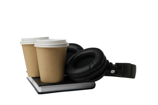 PNG, Coffee cups with headphones, isolated on white background - Powered by Adobe