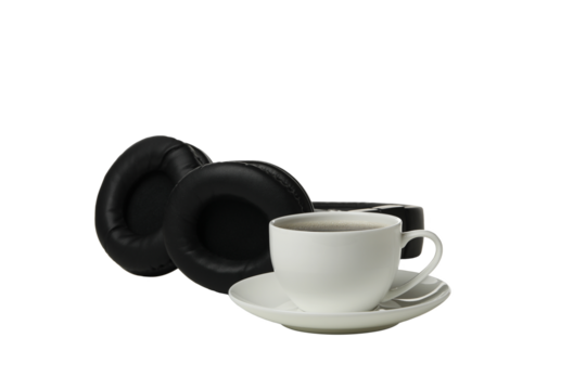 PNG,A cup of coffee with headphones, isolated on white background