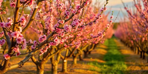 Blooming peach trees in a spring orchard, peach trees, blossoms, orchard, spring, pink, flowers, nature, fresh, growth