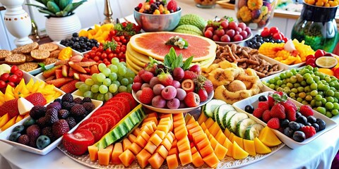 A colorful and abundant fruit buffet spread on a table , fresh, assortment, variety, healthy, organic, delicious, ripe