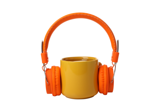 PNG,A cup of tea with headphones, isolated on white background