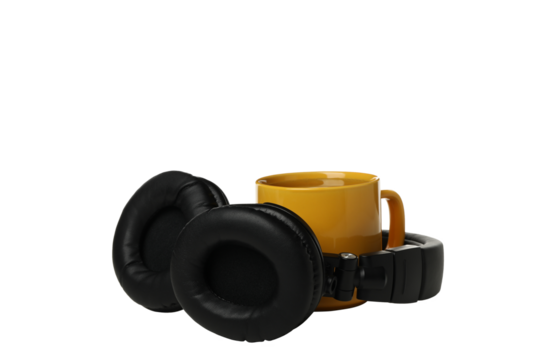 PNG,A cup of tea with headphones, isolated on white background