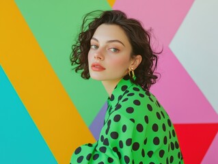 Portrait of a woman in a green polka-dot outfit with a colourful geometric background. Vibrant...