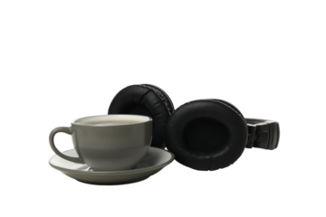 PNG,A cup of coffee with headphones, isolated on white background