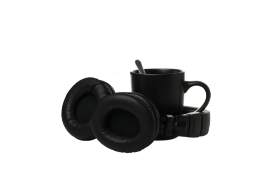 PNG, Black cup with headphones, isolated on white background - Powered by Adobe