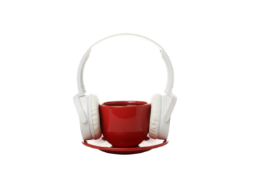 PNG, Red cup with headphones, isolated on white background