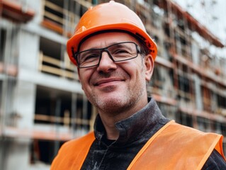 Portrait of happy worker on construction site. Construction industry. Work and workplaces.