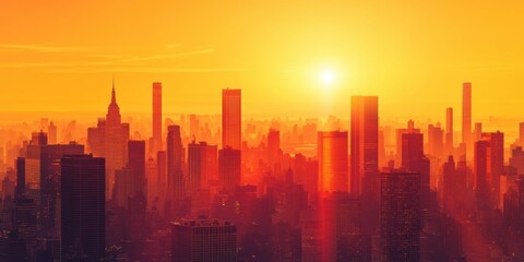 Abstract background. Sunset cityscape with a warm orange glow over skyscrapers and urban landscape. Captures the essence of urban life and evening tranquility.
