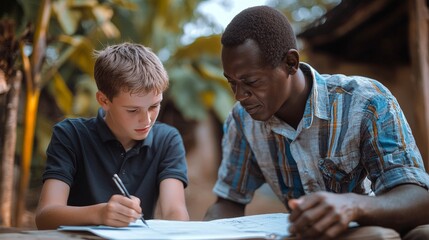 An African father and his Caucasian teenage son sit together, tackling a challenging homework assignment.