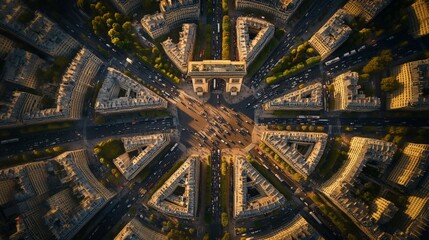 An aerial view of the Arc de Triomphe reveals the intricate urban planning of Paris, with twelve avenues converging at the monument.