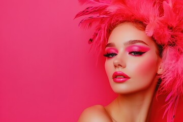 Woman with vibrant pink makeup and feathers in her hair against a pink background. Concept of beauty, fashion, and creativity.