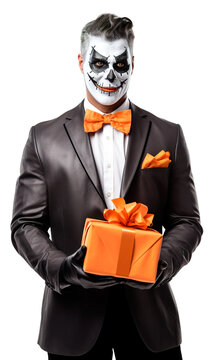 Halloween costume on a young man holding gift box