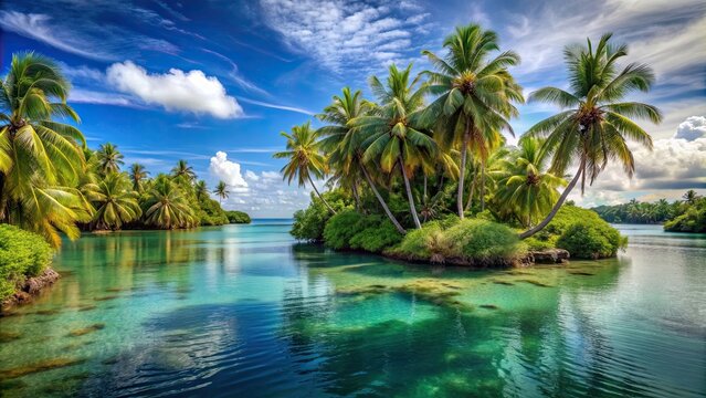Lost island with beautiful ancient flora, coconut trees, river with bluish clear water, heavenly beauty , island, ancient