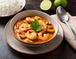Curry soup with shrimps, mushrooms and vegetables served with a bowl of boiled rice on table