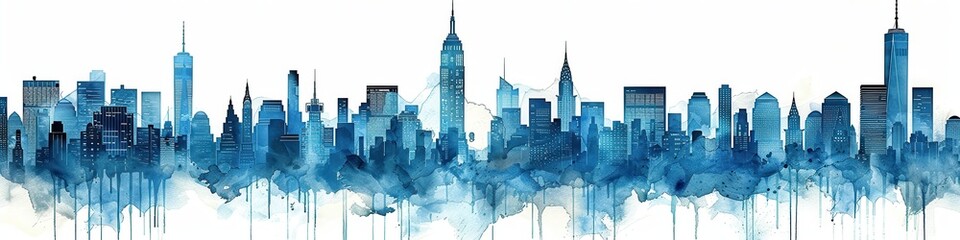 Fototapeta premium Stunning Blue Watercolor City Skyline Painting Featuring Iconic Skyscrapers Against a White Background Providing a Modern Artistic Vibe