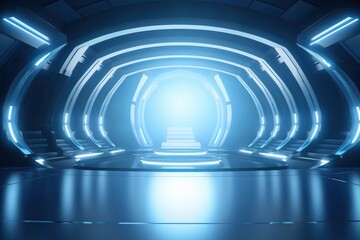 Futuristic blue metallic corridor with glowing lights.