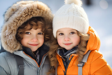 Fototapeta premium Two adorable children wearing winter warm clothes with snow landscape as background