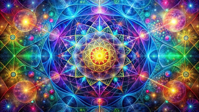 Abstract representation of metaphysical concepts with colorful geometric shapes and patterns , spirituality, philosophy