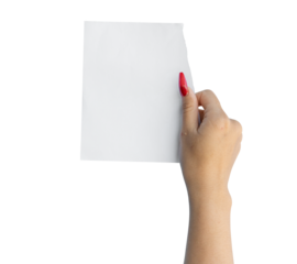 Female hand holding ripped piece of paper isolated on transparent background, PNG File Format