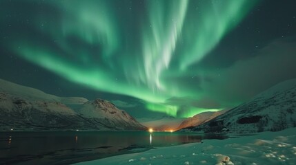 Naklejka premium Northern Lights Display Over Snowy Mountains