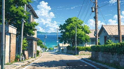 Naklejka premium Serene Countryside Streets with Sea View Summer Landscape