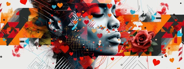  Abstract, colorful artwork of a woman surrounded by hearts and roses, blending romantic and modern elements in a vibrant and expressive composition.