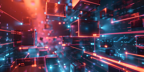 Obraz premium abstract geometric red and blue neon background. many futuristic cubes in space. 3D illustration