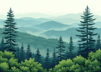Scenic View of Evergreen Forest with Rolling Hills and Misty Mountains Creating a Serene and Tranquil Landscape