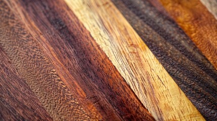 A macro shot of a handcrafted ting board highlights the natural variations in color and texture of the different types of wood used.