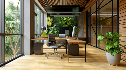 Fototapeta premium contemporary office interior design that integrates biophilic elements such as indoor plants, green walls, and natural materials. open spaces with abundant natural light. eco friendly office 