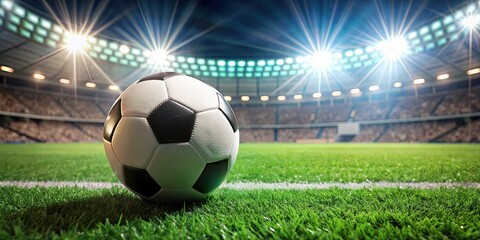 Fototapeta premium Soccer ball on green field during a match, soccer, football, sports, game, competition, grass, goal, score, team, match