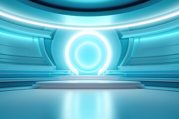 Futuristic blue stage with glowing circle and steps.