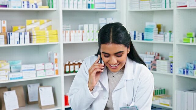 Pharmacist behind a drugstore counter talking to a customer on the phone to confirm a prescription order. A doctor consulting with a patient recommending medication, indicating dosage instructions.