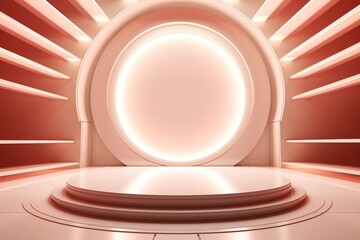 Obraz premium Abstract pink platform with shelves and glowing circle.