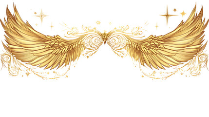a golden frame with golden line art wings in the middle bottom of the edge. There are golden stars along the frame, white space in the middle for text, white background.