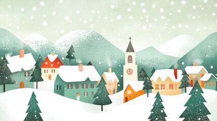 Naklejka premium Idyllic Winter Village Scene with Falling Snow and Festive Atmosphere