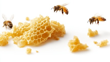 Pieces of honeycomb on a white background with real honeybees hovering around. 