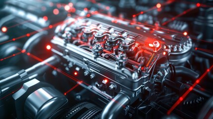 Futuristic engine visualization with intricate details and glowing elements, showcasing advanced technology and innovation.